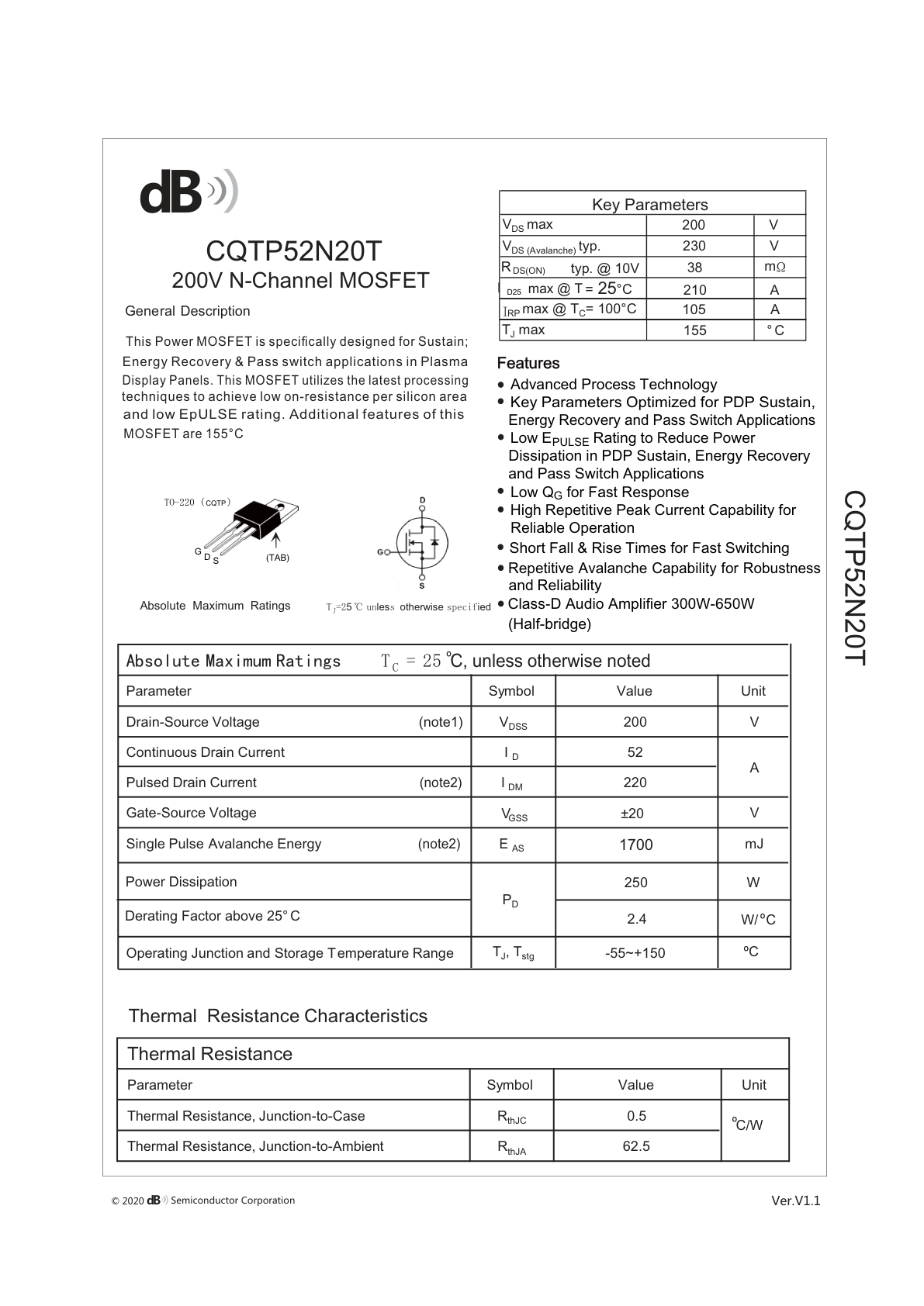 CQTP52N20T 英文数据手册首页